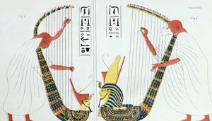 Interpretation of a fresco from the royal tomb in Thebes depicting harp players, from 